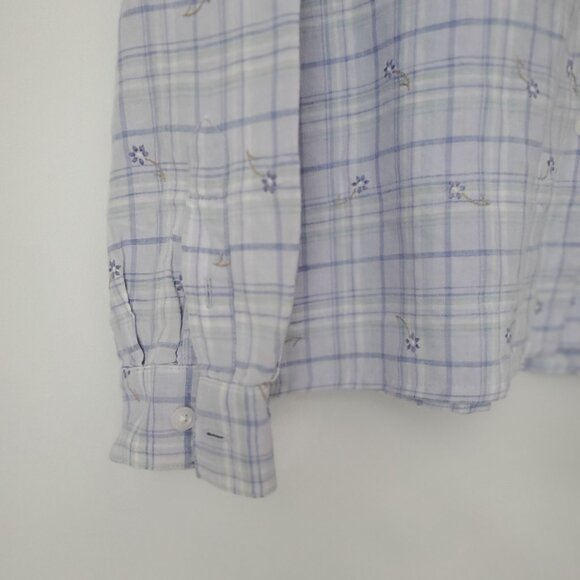 TALBOTS Embroidered Florals Linen Plaid Shirt Button Down Collared Cuffed Sleeve - Picture 3 of 10